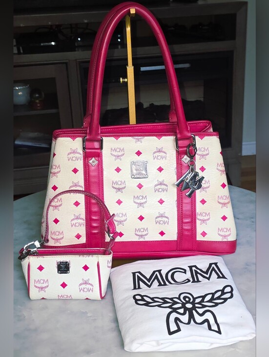 MCM Handbags - MCM Beige & Pink Visetos Tote w/ Matching Wristlet & MCM Charm & silver Hardware